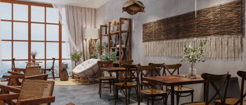 Cozy cafe interior with wooden floor and tables with chairs standing next to them Large windows