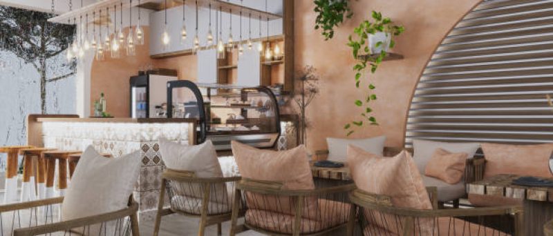 The scene features morning sunlight in the minimalist restaurant
